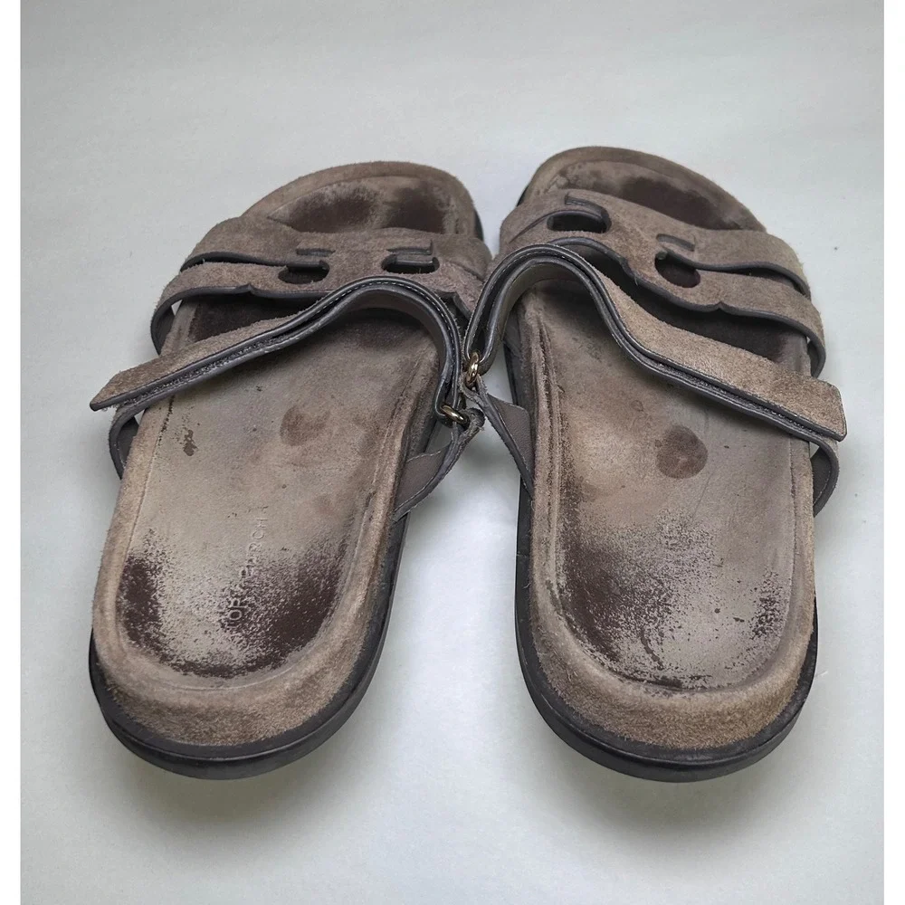 Tory Burch Ines Slide Brown Suede Double T Logo Flat Sandals Womens Size 8.5